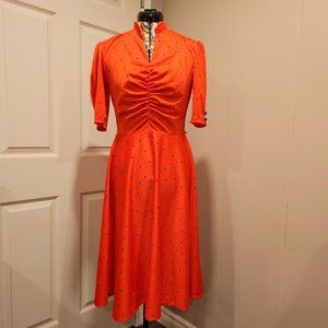 Vintage orange-red polka dot midi dress